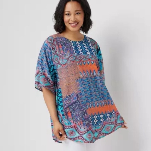 Tolani Collection Colorful Ikat Vibrant Printed Modal Caftan Tunic Top Cover-up - Picture 2 of 13